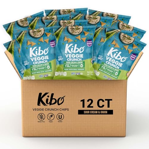 Kibo Veggie Chips Sour Cream and Onion - Plant-Based Protein, Gluten-Free, Non-GMO, Vegan-Friendly, 3D Triangles, Crunchy, Made with Veggies - 12 Pack