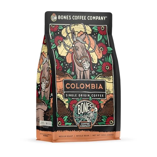 Bones Coffee Company Colombia Single-Origin Coffee Beans, Whole Bean Coffee Medium Roast Gifts Low Acid Gourmet Almonds, Dried Fruit, Vanilla Notes (12 oz)
