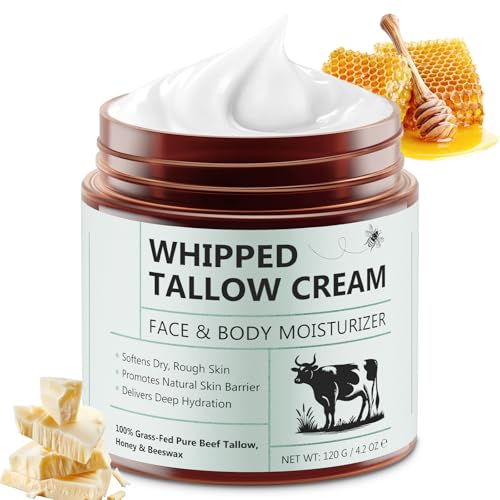 Beef Tallow for Skin, Tallow and Honey Balm 4.2oz, Deep Nourishing Face and Body Moisturizers, Organic Grass Fed Whipped Beef Honey Cream