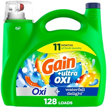Gain Ultra Oxi Liquid Laundry Detergent, 128 loads, 184 fl oz, Waterfall Delight Scent, 2-in-1, HE Compatible