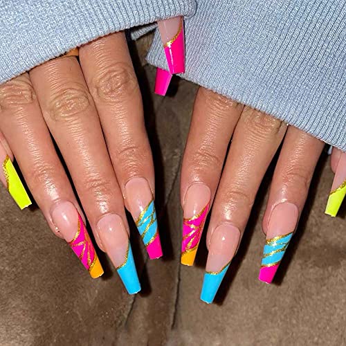 Long Fake Nails Tips - Coffin Luxury Press on Nails Pink Acrylic Ballerina Reusable False Nails for Women and Girls 24Pcs