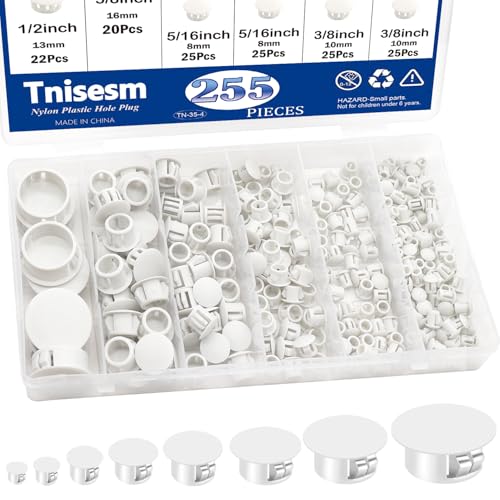 Tnisesm 255Pcs 8 Sizes Nylon Plastic Hole Plugs 1/4" 5/16" 3/8" 1/2" 5/8" 3/4" 7/8" 1" Round Drill Hole, Flush Type Panel Knockout Locking Plugs, Screw Covers for Furniture Cabinet Insert End Caps