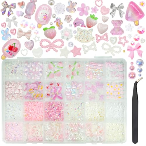 Dream Set Large Box Pearls Nail Charms Cute Bows 3D Animals Flower Fruit Candy Heart Star Y2K Nail Charms for Nail Art Supplies, Multi-Style Pink Resin Nail Charms for Acrylic Nails Crafts Gift