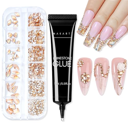 Makartt Champagne Nail Rhinestone with Gel Nail Glue for Gems 15ML Strong Adhesive Nail Rhinestone Glue Round & 3D Shape Flatback Nail Crystal Diamond for Nail Charm Accessories Jewels Decoration