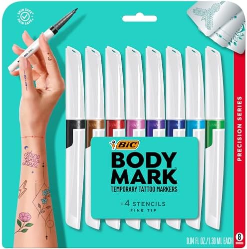 BIC BodyMark Temporary Tattoo Markers for Skin, Precision Series, Fine Tip, 8-Count Pack of Assorted Colors, Skin-Safe*, Cosmetic Quality