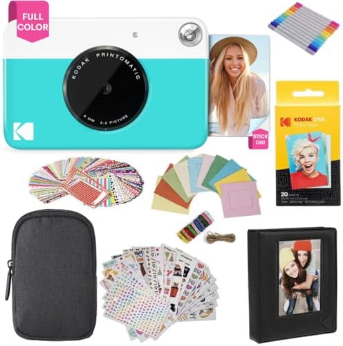 KODAK Printomatic Full-Color Instant Print Digital Camera Colorful Photos On Zink 2x3" Sticky-Back Photo Paper 5MP Gift Bundle: Case + Zink 2x3" 20pk + Album + Stickers + Frames + Markers - Blue