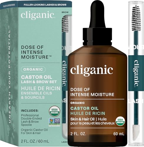 Cliganic Organic Castor Oil, 100% Pure (2oz with Eyelash Kit) - For Eyelashes, Eyebrows, Hair & Skin (Packaging May Vary)