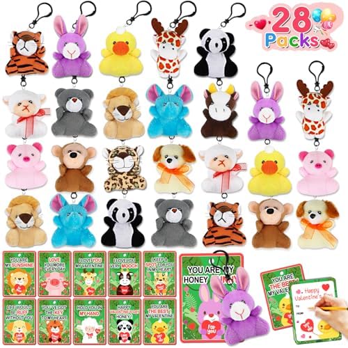 Aitbay Valentines Day Gifts Toys for Kids - 28 Packs Valentines Day Cards with Mini Animal Plush Toy Set - Valentine Exchange Cards Gift Classroom Prize Party Favors School Rewards Gift Exchange