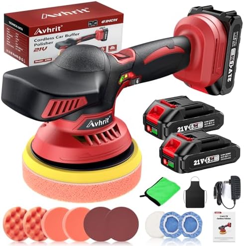 Cordless Car Buffer Polisher Kit w/ 2x2000mAh 21V Batteries, 6 Inch Buffer Waxer Kit w/ 6 Variable Speed & Extra 16 PCS Attachments, Polisher for Detailing, Boat Sanding, Scratch Removing