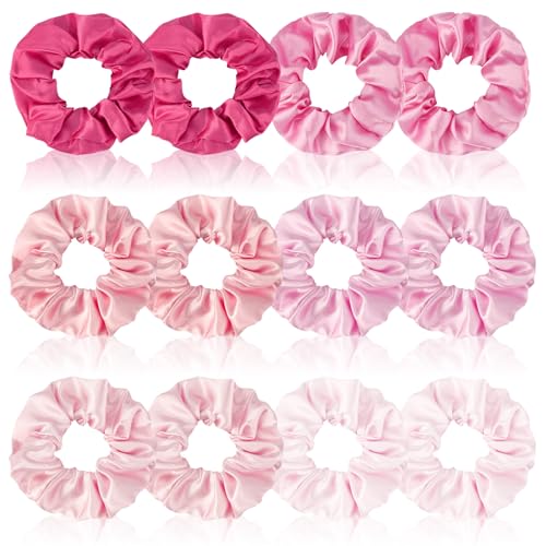 Satin Scrunchies Set of 12 - Elastic Silk Bubble for Girls, Pink Hair Accessories and Valentine's Day Gifts