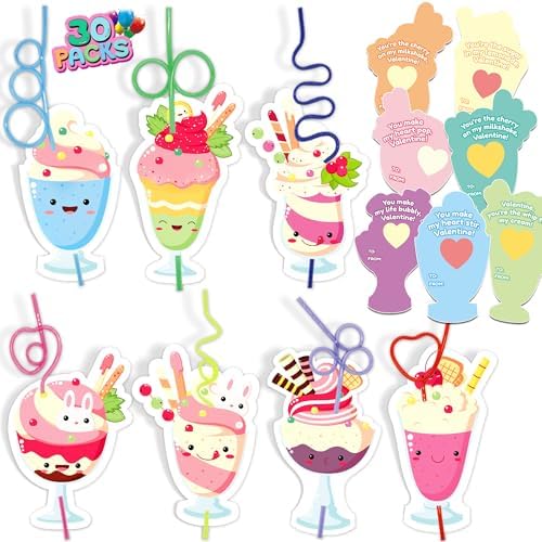 Valentines Day Cards for Kids School 32 Pcs Exchange Cards Crazy Straws for Kids School, with Goodie Bags for Class Game Prizes Classroom Exchange, Party Favors, and School Valentine