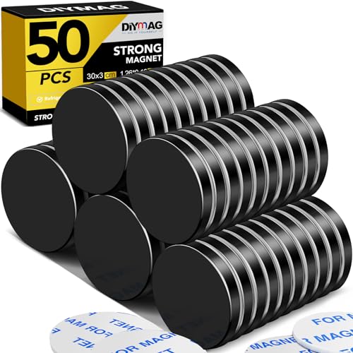 DIYMAG Black Powerful Neodymium Disc Magnets with Double-Sided Adhesive, Strong Rare Earth Magnets for Fridge, DIY, Building, Scientific, Craft, and Office Magnets, 1.26 inch Diameter, Pack of 50