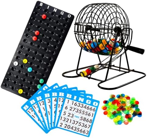 Regal Bingo Deluxe Bingo Game Set with 8" Wheel Cage, 75 Bingo Balls, Master Board, 18 Bingo Cards, and Colorful Chips - Bingo Games for Adults Large Group