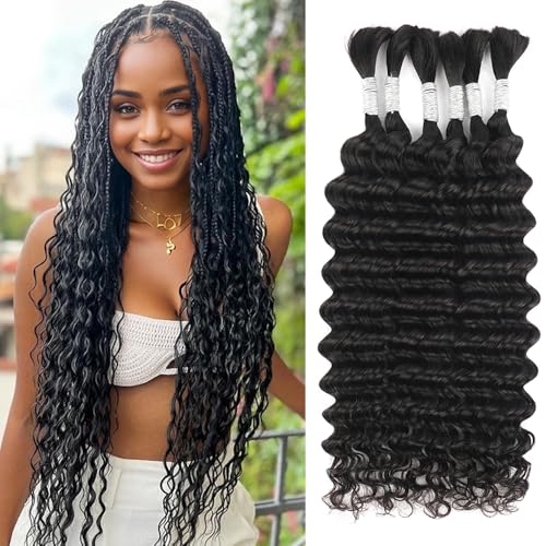 Human Braiding Hair 20 Inch 6 Bundles Human Hair Braiding Hair No Weft Deep Wave Bulk Human Hair for Braiding Hair Extensions for Boho Braids 150g Natural Color#