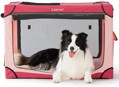 Lesure Soft Collapsible Dog Crate - 36 Inch Portable Travel Crate for Large Dogs Indoor & Outdoor, 4-Door Foldable Pet Kennel with Durable Mesh Windows, Hot Pink