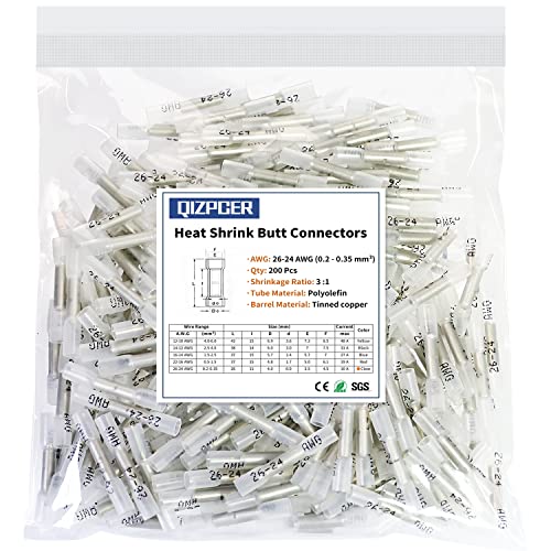 Heat Shrink Butt Connectors, 200 Pcs Clear 26-24 AWG Insulated Waterproof Electrical Heat Shrink Wire Connectors Automotive Marine Wire Crimp Terminals Butt Splices for Boat, Car