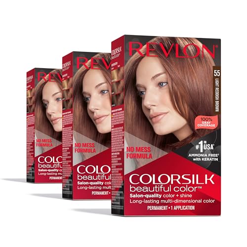 Revlon ColorSilk Permanent Hair Color, 100% Gray Coverage Dye Kit, Ammonia-Free, Keratin and Amino Acids, Red Shades, 55 Light Reddish Brown (Pack of 3)
