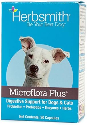 Herbsmith Microflora Plus – Dog Digestion Aid –Probiotics and Digestive Enzymes for Dogs – Prebiotic for Dogs – 30ct Capsules