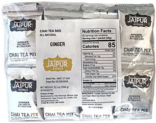 Jaipur Avenue Ginger Chai Tea Mix Crafted with All-Natural Assam Black Tea, Ginger, Cane Sugar, and Premium Dry Milk - Preservative-Free, Gluten-Free, Authentic Indian Chai Tea Latte (50-Count Bag)
