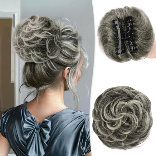 RUWISS Claw Clip Messy Bun Hair Piece Real Human Hair Buns Wavy Curly Chignon Hair Bun Extensions Tousled Updo Hair Buns Claw Clip Ponytail for Women (Black mix Gray and Platinum Blonde Tips)