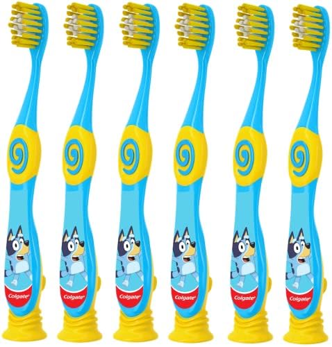 Colgate Bluey Toothbrush for Children with Suction Cup, Kids 2-5 Years Old, Extra Soft (Colors & Characters Very) - Pack of 6
