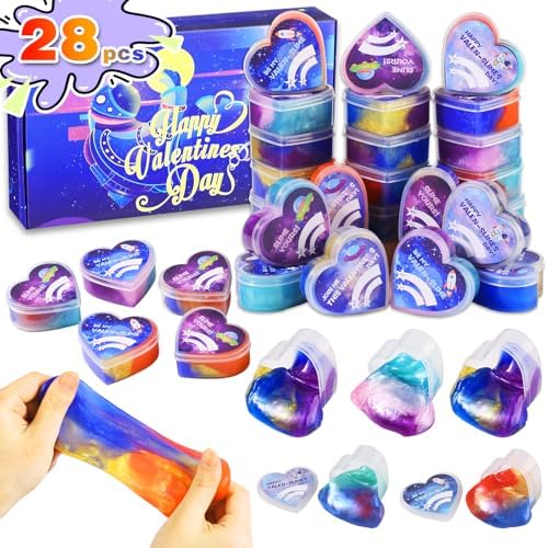 28 PCS Galaxy Slime Va Greeting Cards, Va Classroom Exchange Cards for Kids, Va Party Favor Toy Set School Supplies Classroom Activities Prize Rewards