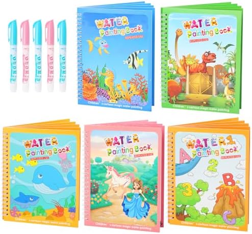 5 Pack Reusable Water Coloring Books for Toddlers, Water Doodle Book Toys, Paint with Water Books,Mess-Free Coloring Book, Portable Educational Doodle Drawing Toy, Educational Learning Kits Gifts