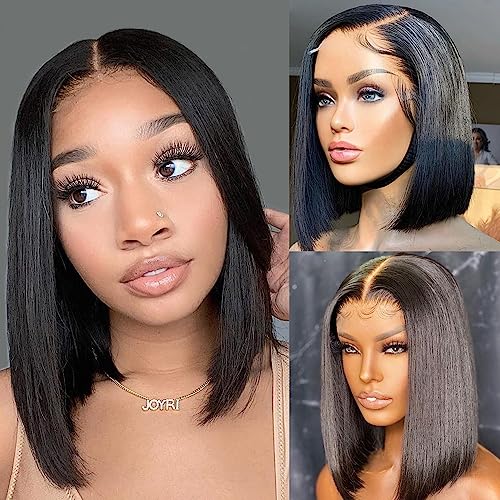Bob Wig Human Hair Frontal Lace Wig Glueless Wigs Human Hair Pre Plucked Transparent Bob Lace Front Wigs for Women 150% Density (5x5 Straight Bob Wig Black Color, 14 Inch)