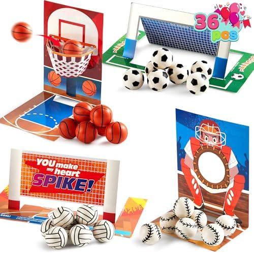 JOYIN 36 Pcs Valentine’s Day Sports Game Cards with Soccer Football Volleyball Basketball for Kids Valentine's Classroom Exchange Prizes, Valentines Games Toys for Party Favor Supplies
