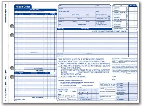 Adams Garage Repair Order Forms, 8.5 x 11.44 Inches, 3 Part, 50 Sets, White and Canary, (GT3810)