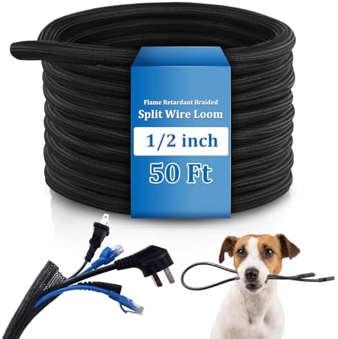 Pangda 50ft Split Wire Loom Tubing Flame Retardant Braided Cable Sleeve Split High Temperature Cable Conduit Auto Wire Conduit for Industrial Electrical Tinsel Automotive Marine(50 Ft, 1/2")