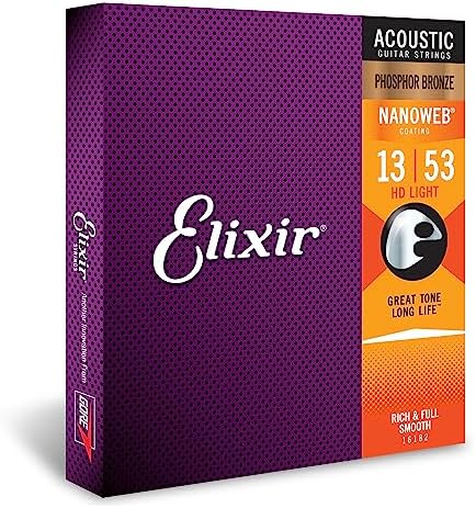 Elixir Strings, Acoustic Guitar Strings, Phosphor Bronze with NANOWEB Coating, Longest-Lasting Rich and Full Tone with Comfortable Feel, 6 String Set, HD Light 13-53