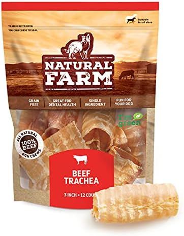 Natural Farm Top Premium Beef Trachea Dog Chews (3 Inch, 12 Pack), Natural Source of Glucosamine and Chondroitin for Hip and Joint Health, High-Protein, 100% Beef Trachea