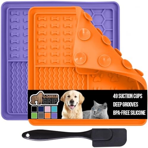 GORILLA GRIP Lick Mat for Dogs, Deep Grooves for Dog and Cat Enrichment Toy, Strong Suction Grip, Freezer Safe, BPA Free Silicone Licking Pad for Bath, Grooming, Nail Trimming, Orange Purple 2 Pack