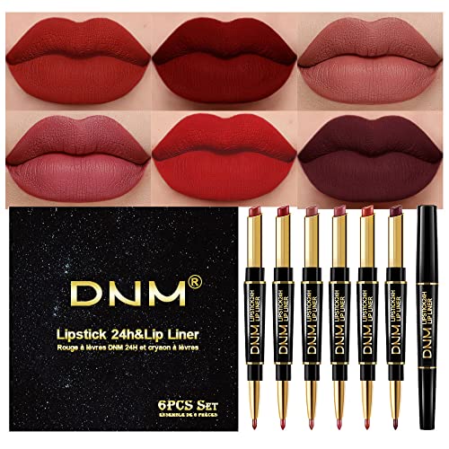evpct 6Pcs Red Lip Liner and Lipstick Lip Stain Crayon Gift Set for Women DNM Dark Deep Red Nude Long Lasting 24 Hour Matte Color Stay, labiales mate 24 horas originales
