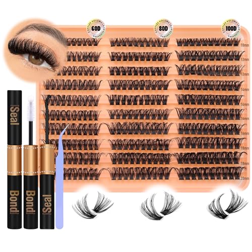 JIMIRE 300Pcs Lash Extension Kit 60D+80D+100D Thick Mink Eyelash Extension Kit with Lash Bond and Seal and Tweezers Fluffy D Curl 10-18MM Lash Clusters Kit DIY Individual Lashes Beginners Friendly