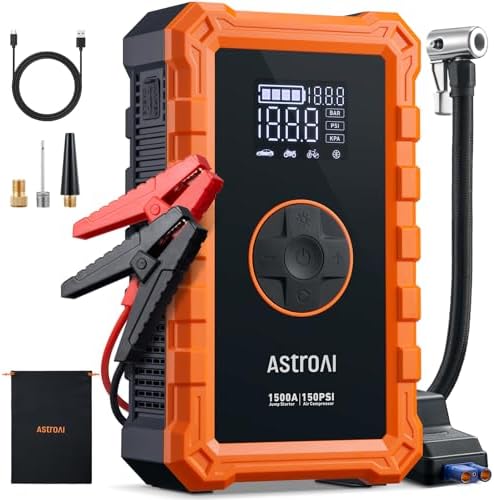 AstroAI S8 Air Jump Starter with Air Compressor, 1500A Peak Car Battery Jump Starter Portable (6.0 Gas/3.0L Diesel) with 150PSI Cordless Auto-Shutoff Tire Inflator, 12V Battery Charger Booster(Orange)