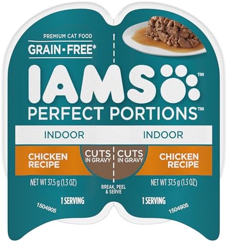 IAMS PERFECT PORTIONS Indoor Adult Grain Free* Wet Cat Food Cuts in Gravy, Chicken Recipe, (24) 2.6 oz. Easy Peel Twin-Pack Trays