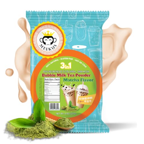 Meekus Natural Gluten-Free Milk Tea Powder Boba/Bubble Tea Mix Matcha Flavor 3-in-1 Drink Powder, Instant Pre-Mixed Beverage for Hot or Cold Drinks, Easy to Prepare Powdered Drink Mix 8 oz (227G)