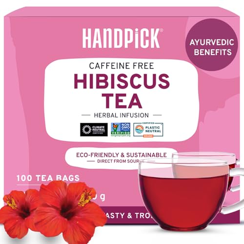HANDPICK, Hibiscus Tea Bags (100 Tea Bags), 2g/Tea Bag | Caffeine-Free, 100% Natural Pure Indian Hibiscus Flowers | Rich in Antioxidants & Support Overall Health | Ayurvedic Benefits in every sip