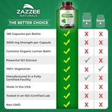 Zazzee Organic Lemon Balm 10:1 Extract, 3000 mg Strength per Capsule, 180 Vegan Capsules, 6 Month Supply, Standardized and Concentrated 10X Extract, 100% Vegetarian, All-Natural and Non-GMO