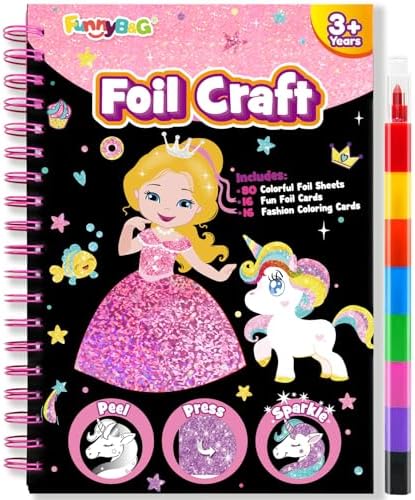 Foil Art Craft Activity for Kids: Fun DIY Toy Sticker Kit, No Mess Creative Travel Supply Set, Idea Birthday Easter Basket Stuffers Valentines Gift for Girl Boy Toddler 4 5 6 7 8 9 Year Old (Princess)
