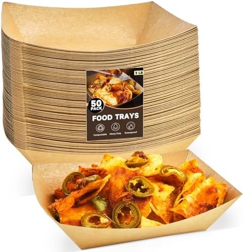 3 Lb Paper Food Trays - 50 Pack Disposable Nacho Trays, Kraft Paper Food Boats Taco Holders Party Serving Baskets for Hot Dogs Snacks Tacos Fries