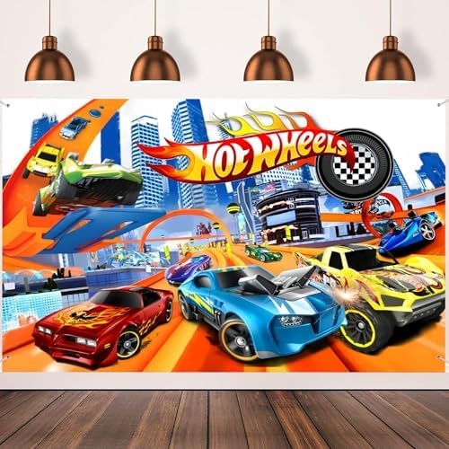 Hot Cars Birthday Banner Backdrop for Wheels Birthday PartyBackdrop,race car birthday party supplies，race car birthday party supplies,Birthday Party Background banner(5x3ft)