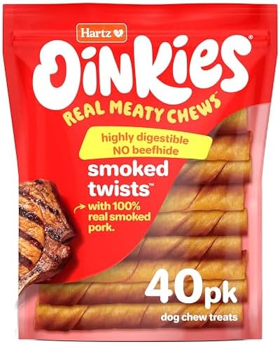 Hartz Oinkies Smoked Twists with Naturally Smoked Pork Rawhide-Free Dog Treats, Highly Digestible Long Lasting Dog Chews, 40 Count