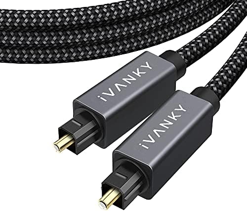 IVANKY Digital Optical Audio Cable 15ft/4.5M, Slim Nylon Braided Audio Optical Cord Toslink Cable for Sound Bar, TV, PS4, Xbox, Samsung, Vizio, 24K Gold-Plated - CL3 Rated, Grey