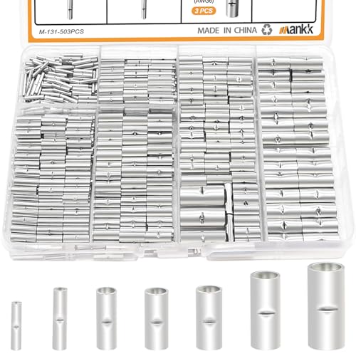 mankk 503PCS Non Insulated Butt Connectors Kit 26-6 Gauge Butt Connector Tinned Red Copper Uninsulated Butt Connector Wire Crimp Connector for Electrical Appliances Cars Boats etc