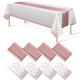 8Pack Disposable Plastic Tablecloths and Satin Table Runner Set White and Rose Gold Dot Tablecloth Rose Gold Satin Table Runner for Wedding Birthday Anniversary Christmas New Year Party Decorations