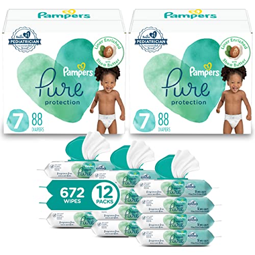 Pampers Pure Protection Disposable Baby Diapers Size 7, 2 Month Supply (2 x 88 Count) with Aqua Pure Baby Wipes, 12X Pop-Top Packs (672 Count)