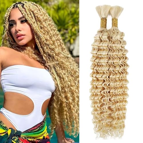 613 Blonde Braiding Hair 100g Deep Wave Bulk Human Hair Brazilian Virgin Curly Human Hair Extensions for Boho Braids No Weft 2 Braids Per Pack Wet and Wavy Human Hair Braiding Hair (#613, 20 inch)